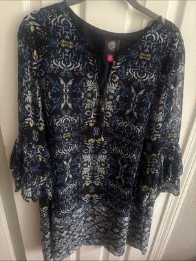 Vince Navy Blue Patterned Floral Tie-Neck Tunic with Ruffle Sleeves